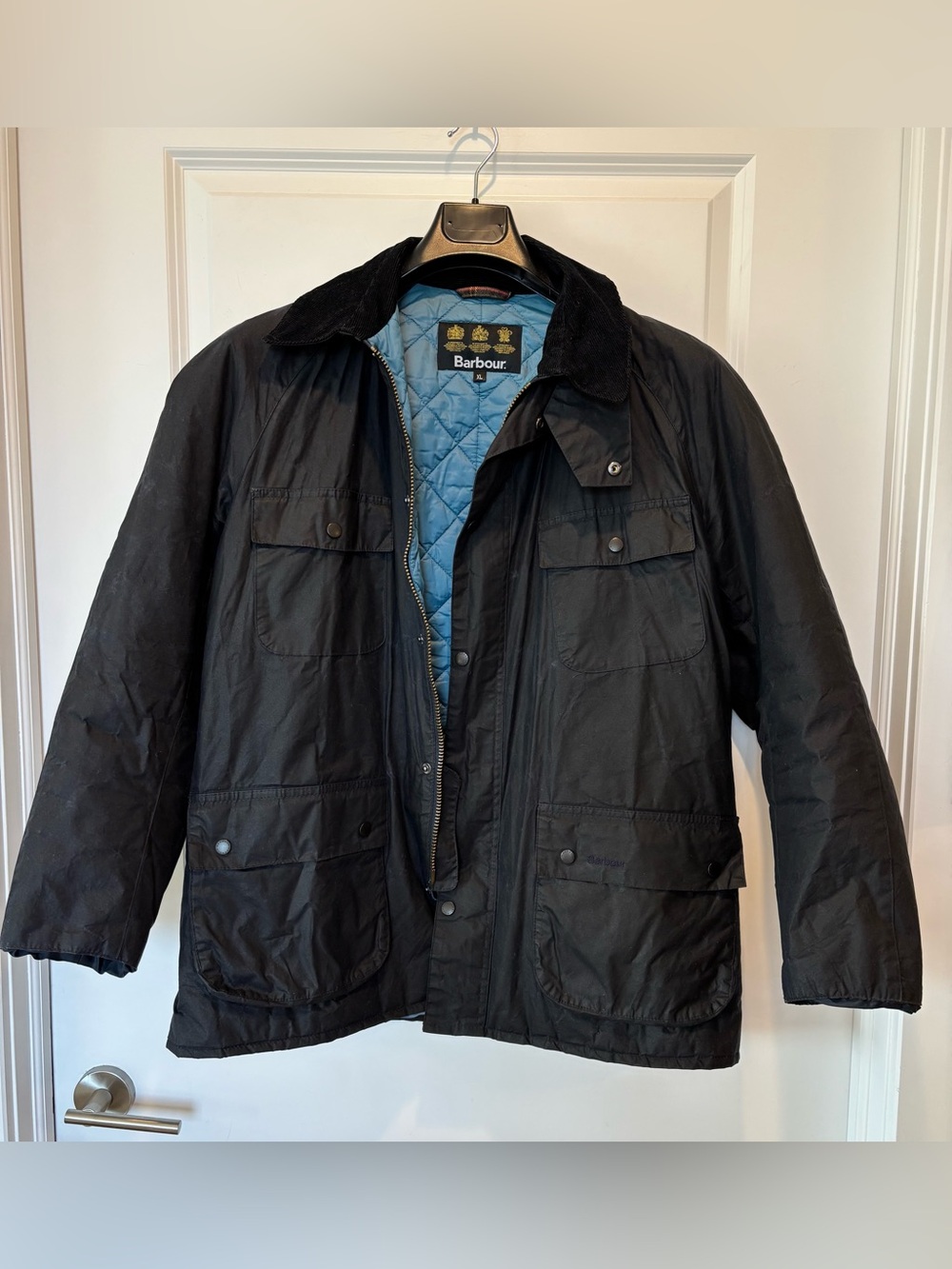 Barbour Waxed Jacket XL Men's Retail Frazer Navy Blue Field Rain Coat Like Ashby